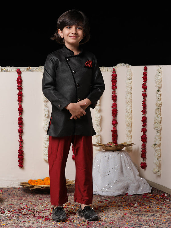 Jashvi Boys' Black Cotton Blend Sherwani And Pyjama Set