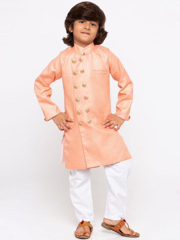 Jashvi Boys' Pink Cotton Silk Sherwani and Churidar Set