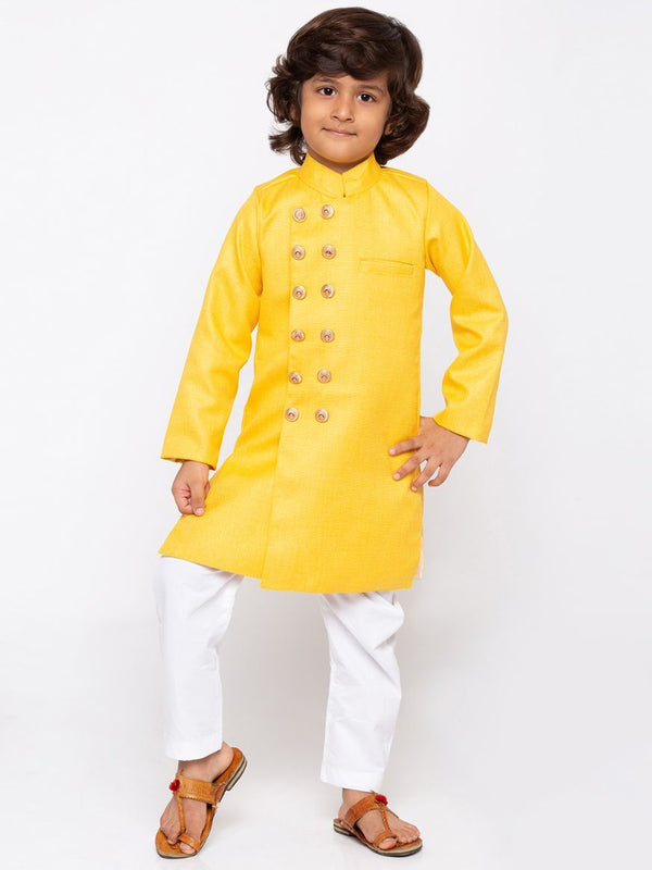 Boys' Yellow Cotton Silk Sherwani and Churidar Set