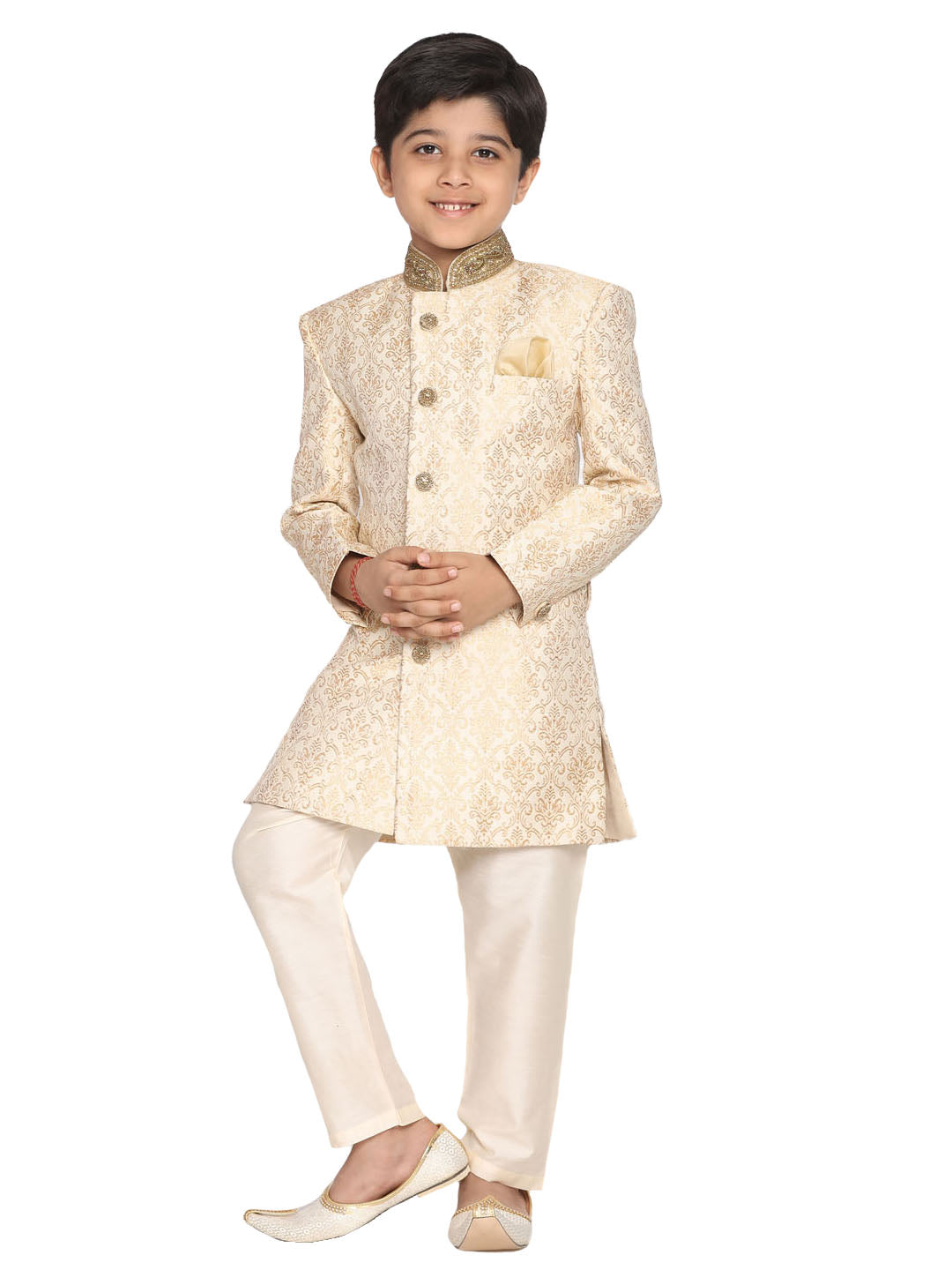 Boy's Gold And Beige Sherwani And Pyjama Set - Vastramay Boys