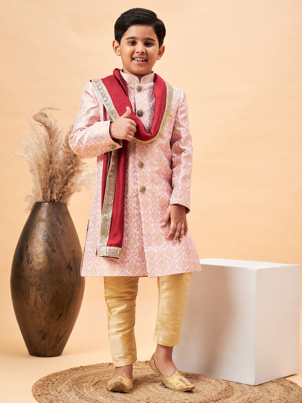 Jashvi Boys Pink & Gold-Colored Woven-Design Brocade Slim Fit Sherwani Set With Maroon Color Dupatta