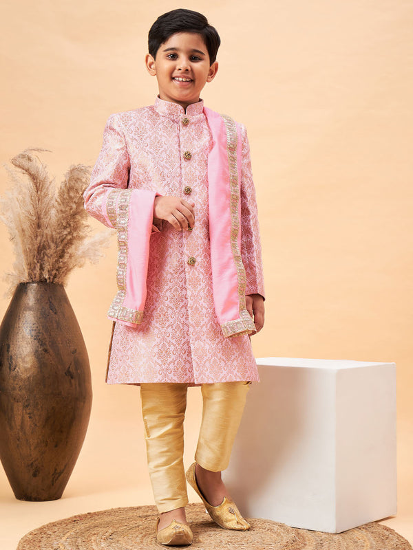 Jashvi Boys Pink & Gold-Colored Woven-Design Brocade Slim Fit Sherwani Set With Pink Colour Dupatta