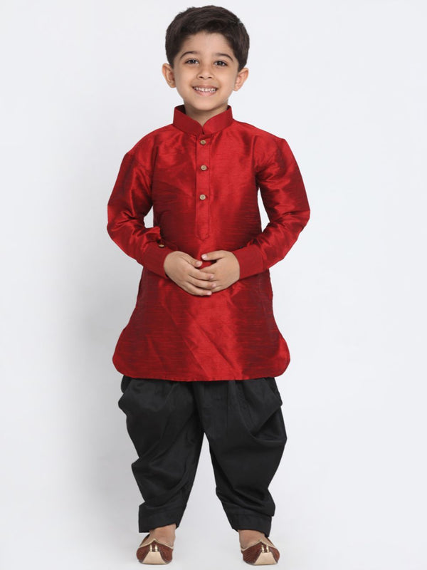 Jashvi Boys' Maroon Cotton Silk Kurta and Dhoti Pant Set