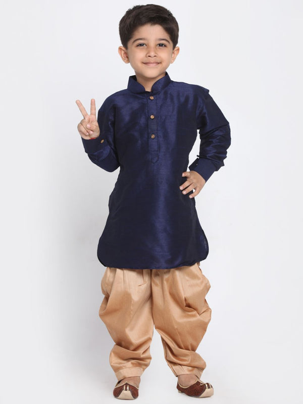 Jashvi Boys' Navy Blue Cotton Silk Blend Kurta and Dhoti Pant Set