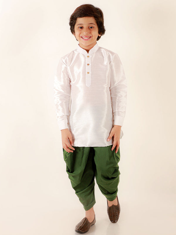 Jashvi Boys' White Cotton Silk Kurta and Green Dhoti Pant Set