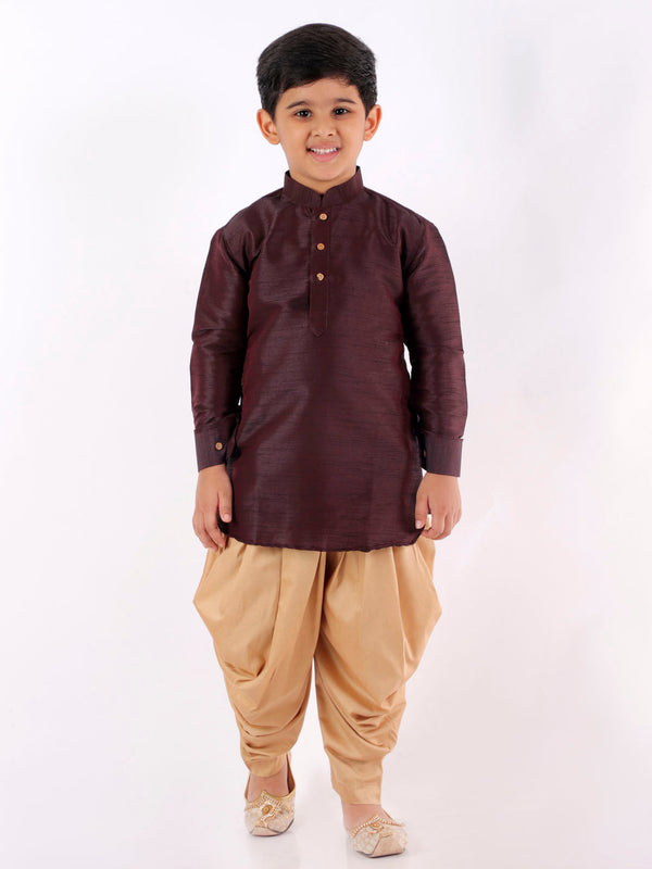 Jashvi Boys' Wine Cotton Silk Blend Kurta and Dhoti Pant Set