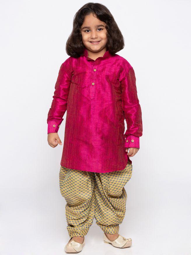 Boys' Pink Cotton Silk Kurta and Dhoti Pant Set