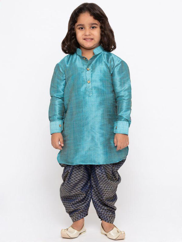 Jashvi Boys' Blue Cotton Silk Kurta and Dhoti Pant Set