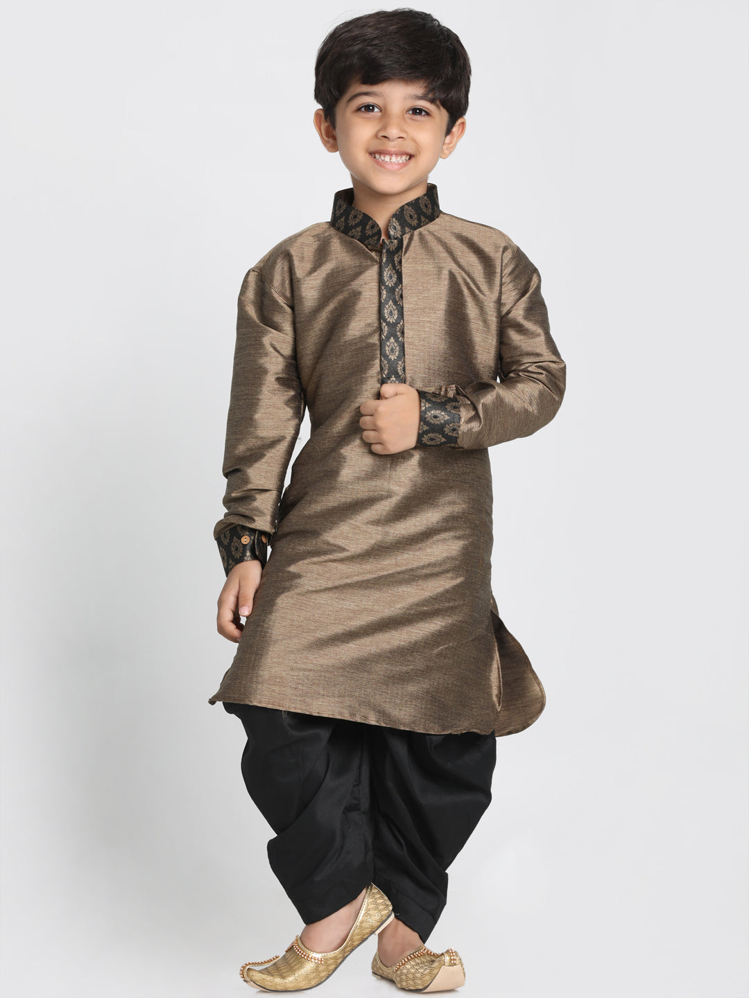 Boy's Bronze And Black Silk Blend Kurta And Dhoti Set - JBN Creation