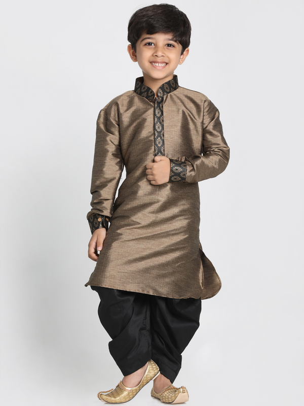 Jashvi Boys' Black Cotton Silk Blend Kurta and Dhoti Pant Set