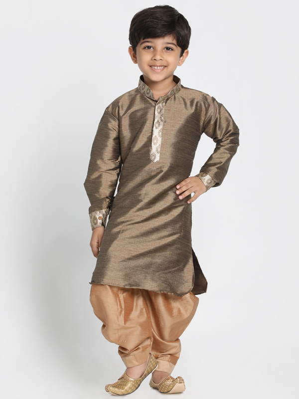 Jashvi Boys' Bronze Cotton Silk Blend Kurta and Dhoti Pant Set