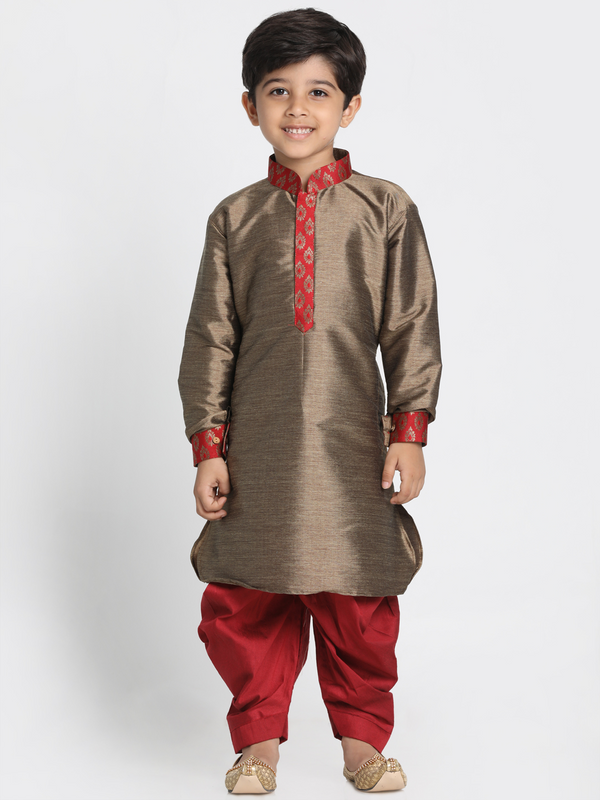 Jashvi Boys' Gold Cotton Silk Blend Kurta and Dhoti Pant Set