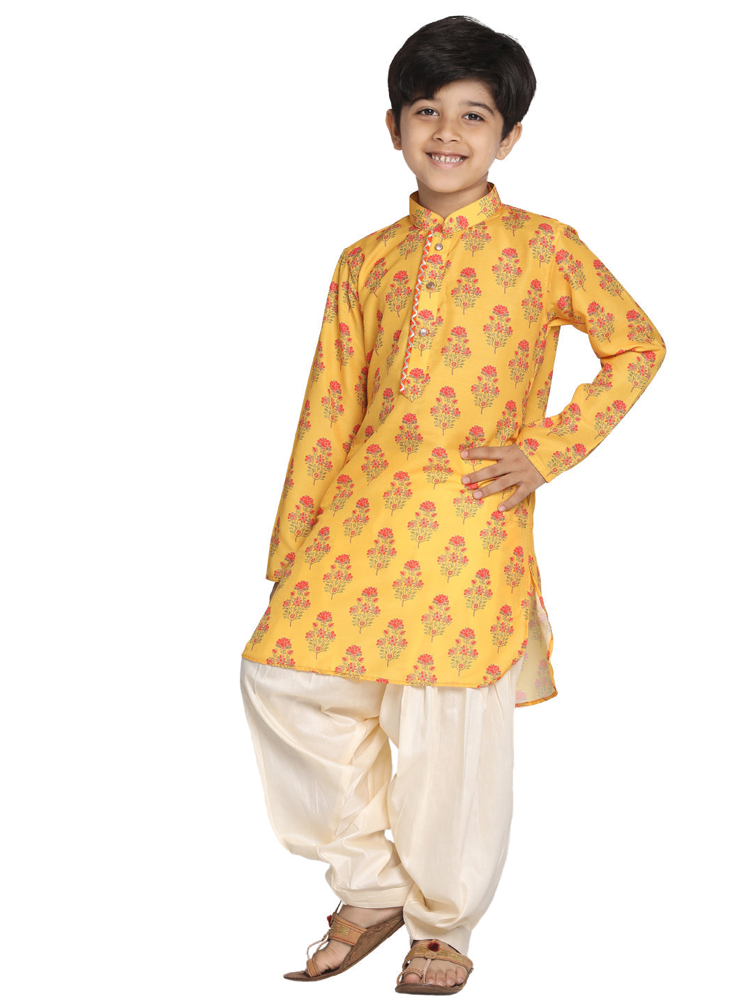 Boy's Multicolor-Base-Mustard And Cream Kurta Patiala Set - Vastramay Boys