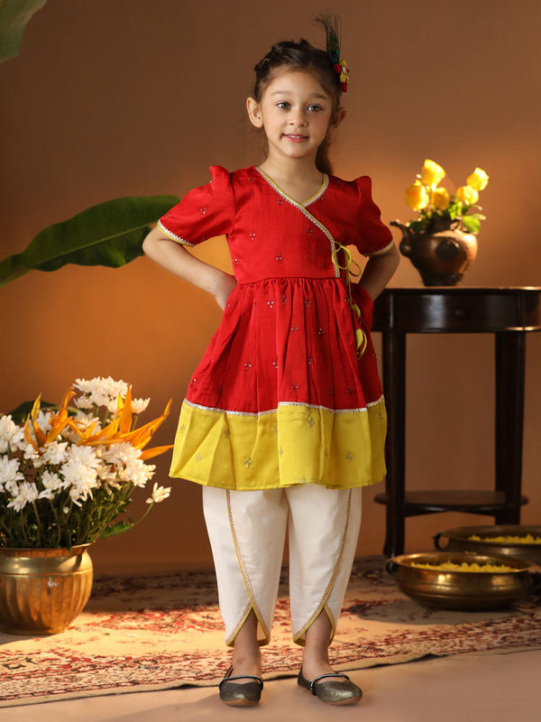 Jashvi Girls' Red And Cream Dhoti Kurta Set