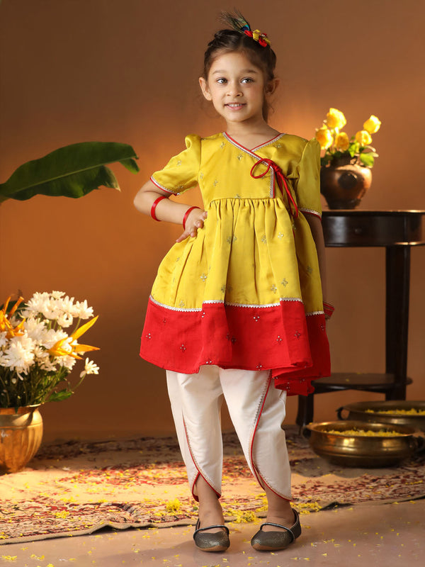 Jashvi Girls' Yellow And Cream Dhoti Kurta Set