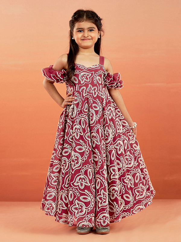 Jashvi Girls' Maroon Georgette Floral Embroidered Gown For Girls.