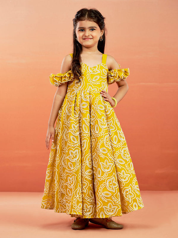 Jashvi Girls' Mustard Georgette Floral Embroidered Gown For Girls.