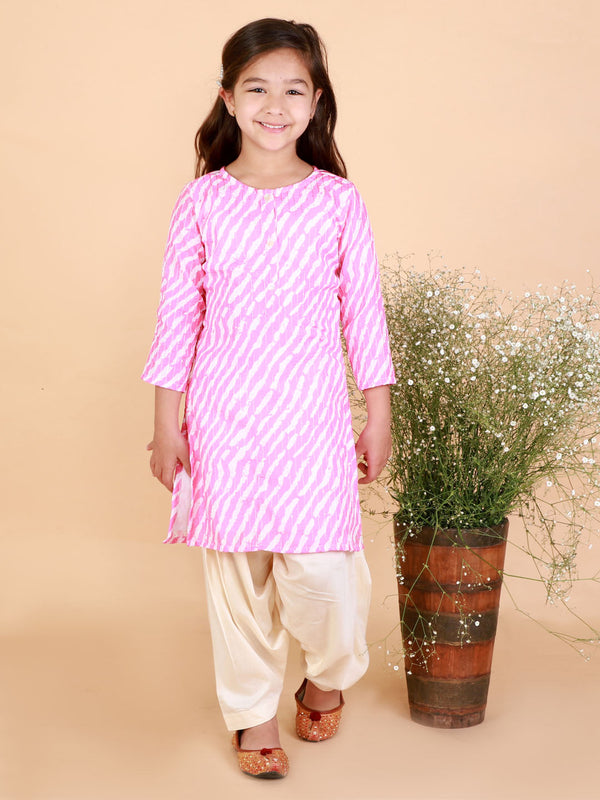 Jashvi Girls' Pink Printed Kurta & Cream Patiala Set