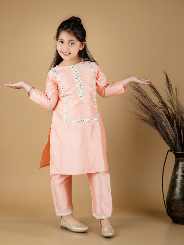 Jashvi Girls' Pink Viscose Kurta Pant Set