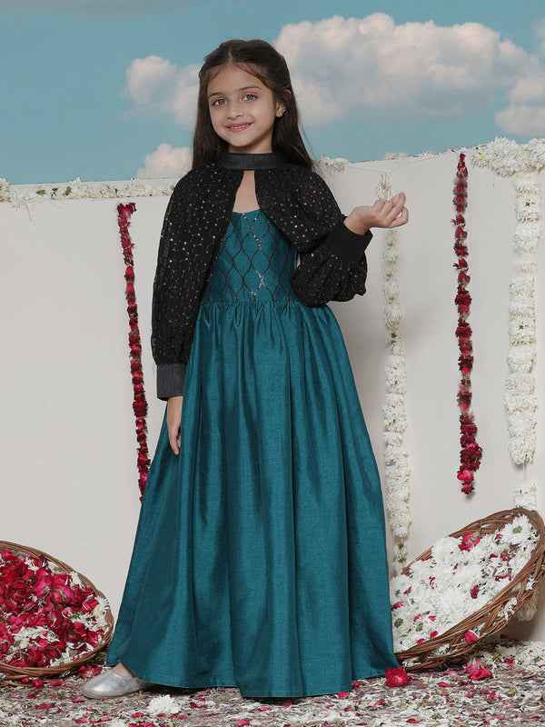 Jashvi Girls' Green Sequinced Long dress With detachable Cuff Sleeves