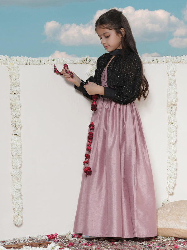 Jashvi Girls' Pink Sequinced Long dress With detachable Cuff Sleeves