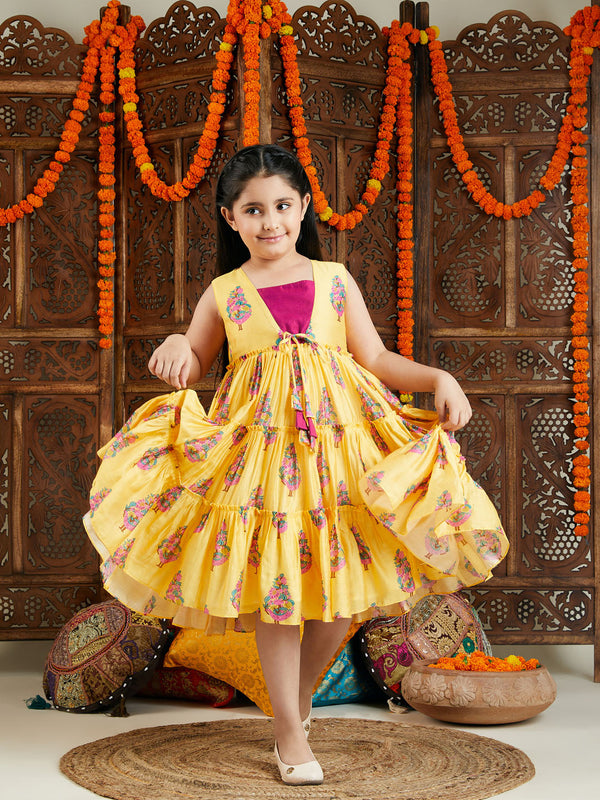 Jashvi Girl's Yellow And Pink Ethnic Dress