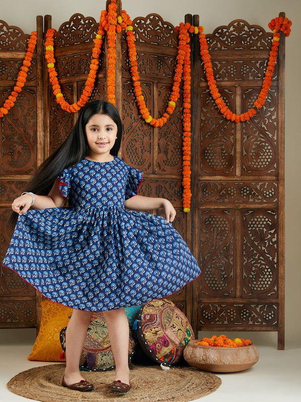 Jashvi Girl's Blue Printed Frock