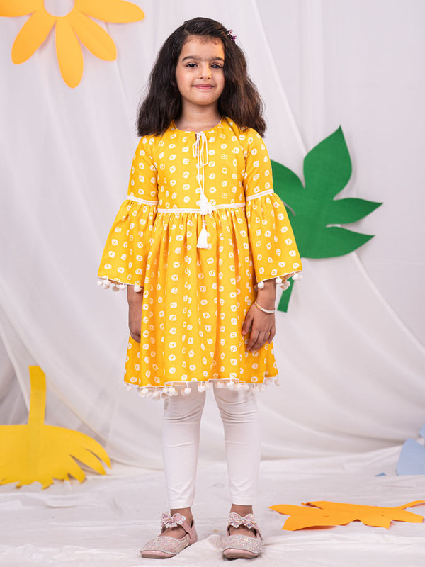 Jashvi Girl's Yellow Printed Ruffle Kurta With Leggings Set