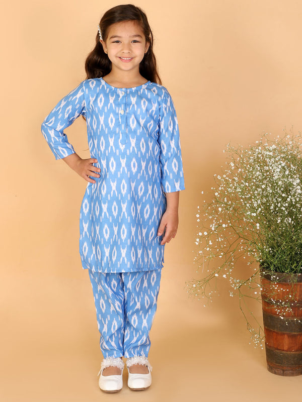 Jashvi Girls' Aqua Blue Ikkat Print Kurta Pant Set