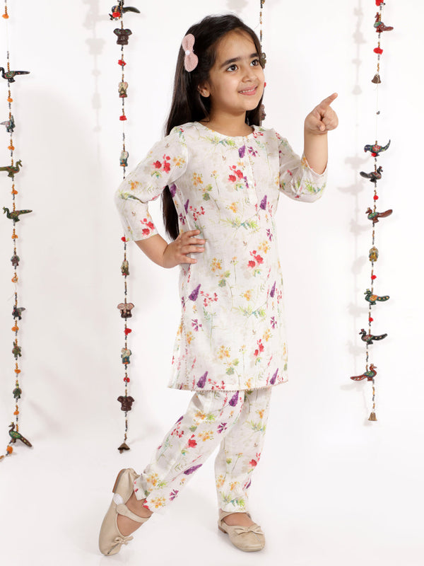 Jashvi Girls' Multicolor-Base Cream Kurta Pant set