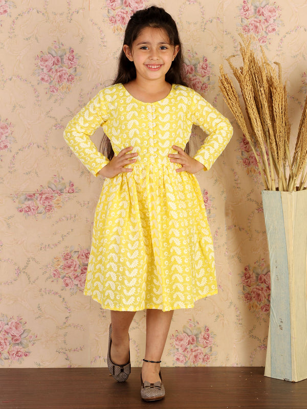 Jashvi Girl's Mustard Pure Cotton Chikankari Kurta