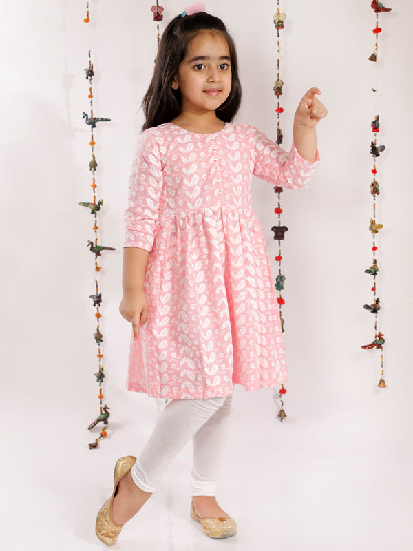 Jashvi Girls' Pink Pure Cotton Chikankari Kurta With Leggings