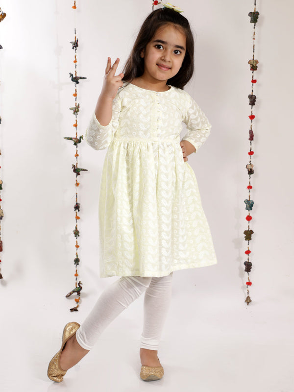 Jashvi Girls' Yellow Pure Cotton Chikankari Kurta With Leggings