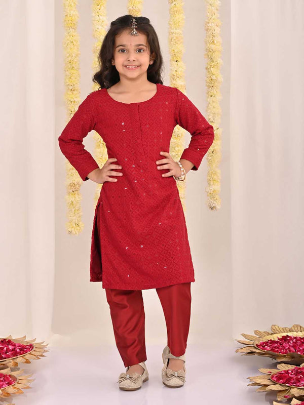 Jashvi Girls' Maroon Embellished Kurta Pyjama Set