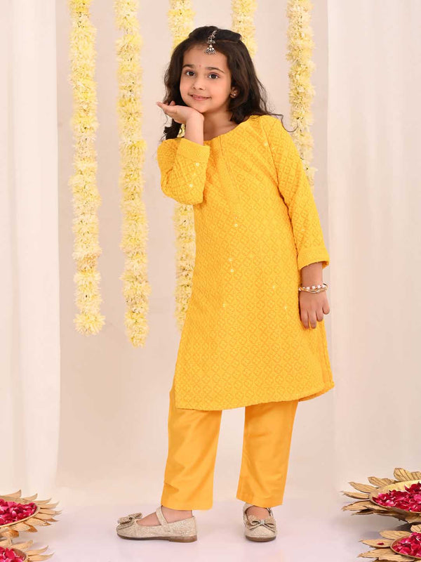 Jashvi Girls' Yellow Embellished Kurta Pyjama Set