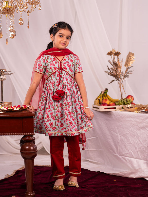 Jashvi Girls' Aqua And Red Kurta And Pant Set