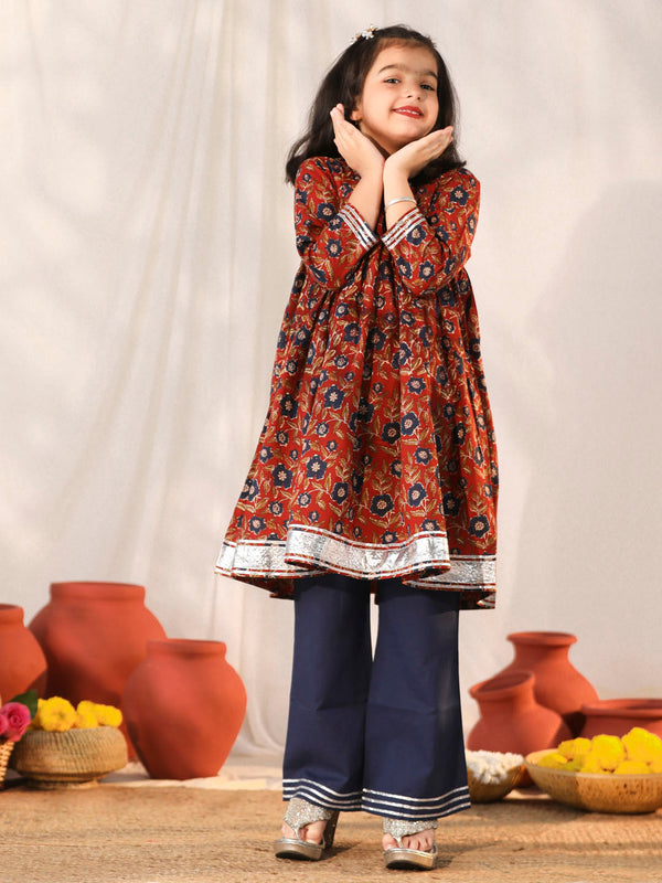 Jashvi Girls' Rust And Navy Blue Flared Kurta Palazzo Set