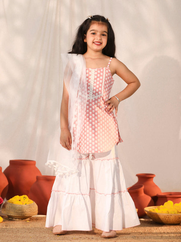 Jashvi Girls' Pink and White Kurta, Sharara and Dupatta Set