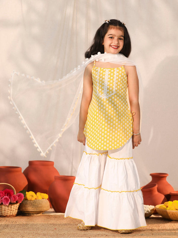 Jashvi Girls' Yellow and White Kurta, Sharara and Dupatta Set