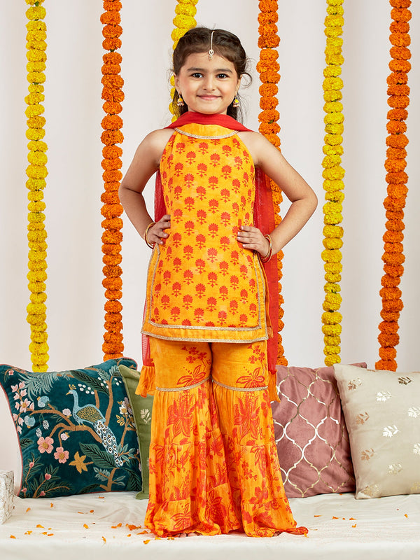 Jashvi Girls' Yellow Kurta Sharara And Dupatta Set