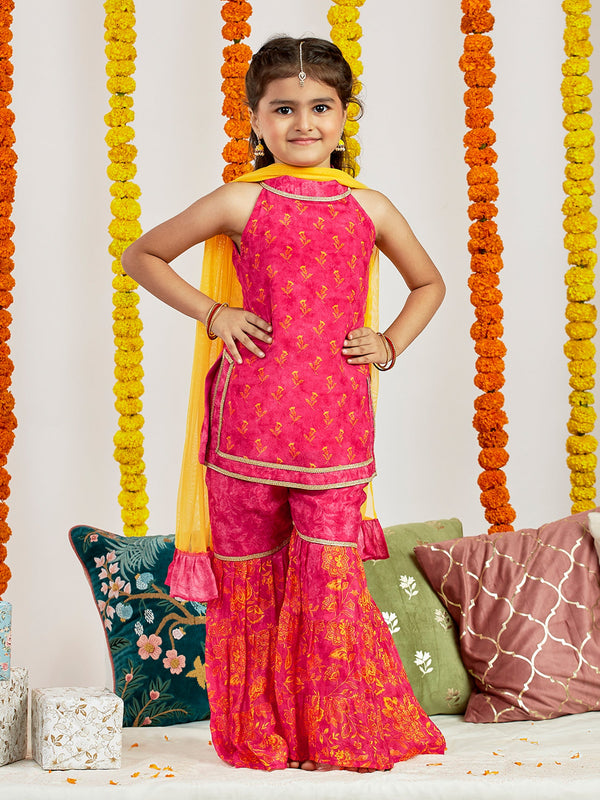 Jashvi Girls' Pink Kurta Sharara And Dupatta Set