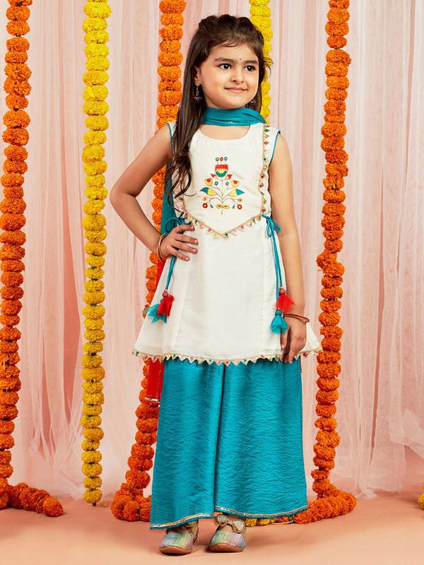 Jashvi Girls' White And Blue Kurta Plazoo And Dupatta Set