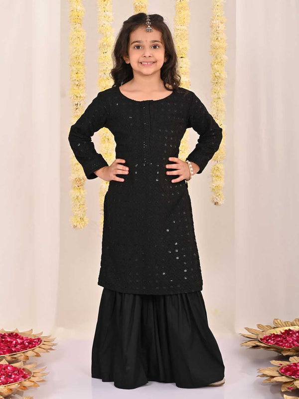 Jashvi Girls' Black Embellished Kurta Palazzo Set