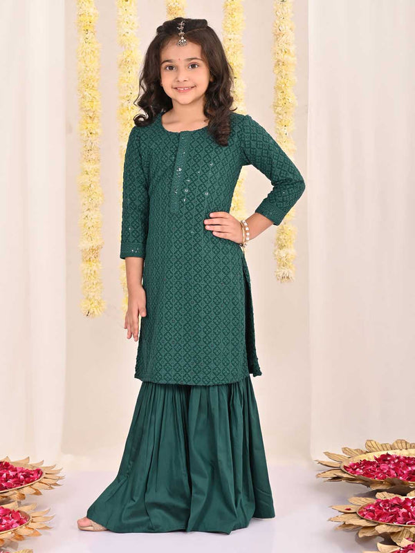 Jashvi Girls' Green Embellished Kurta Palazzo Set