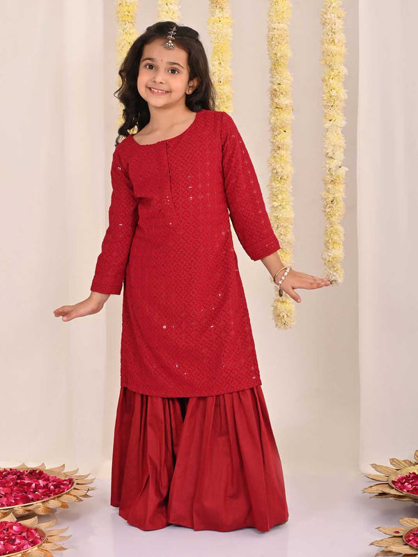 Jashvi Girls' Maroon Embellished Kurta Palazzo Set