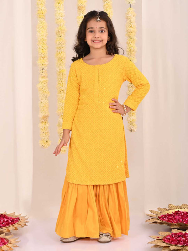 Jashvi Girls' Yellow Embellished Kurta Palazzo Set