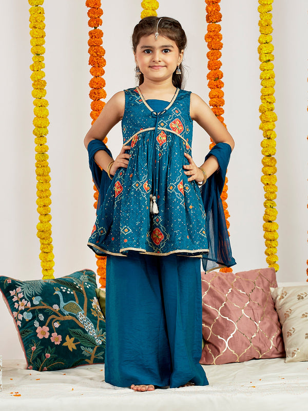 Jashvi Girls' Turquoise Blue Kurta Palazzo Set