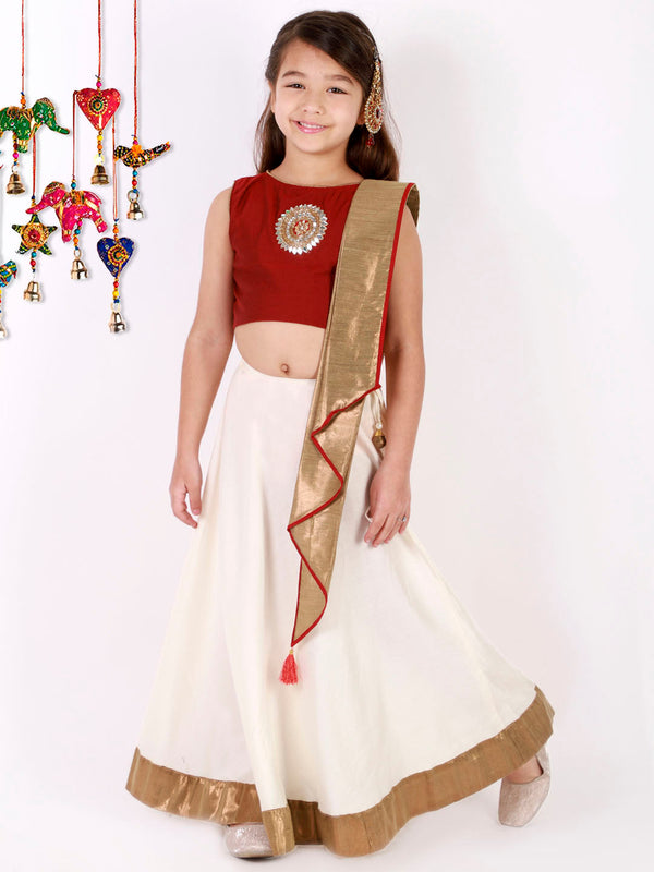 Jashvi Girl's Viscose Crop Top Skirt And Drape Dupatta Set