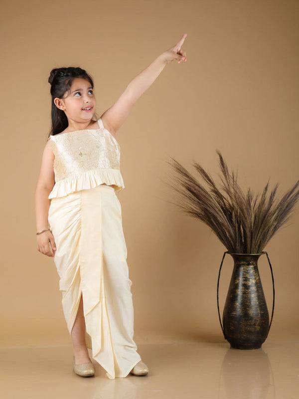 Jashvi Girl's Gold Draped Skirt With Crop Top