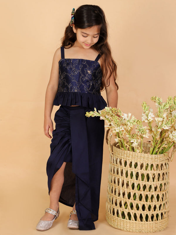 Jashvi Girl's Navy Blue Draped Skirt With Crop Top